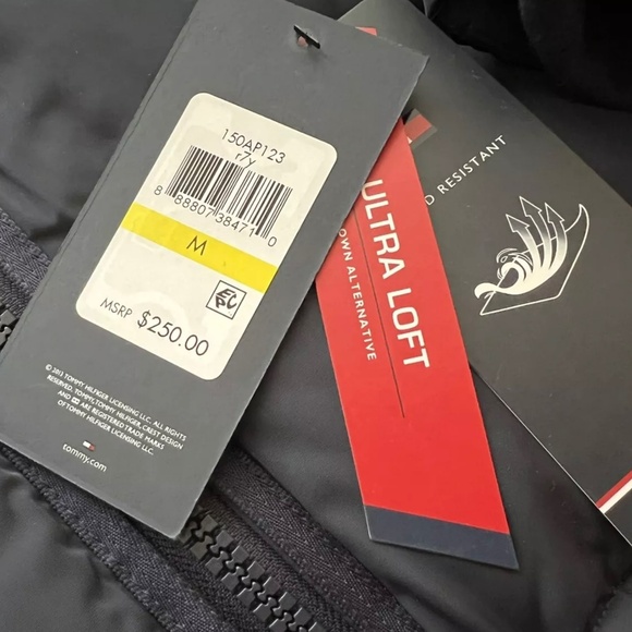 Tommy Hilfiger Hooded Wind Resistant Puffer Jacket Navy Blue White Mens Medium M - Picture 6 of 9